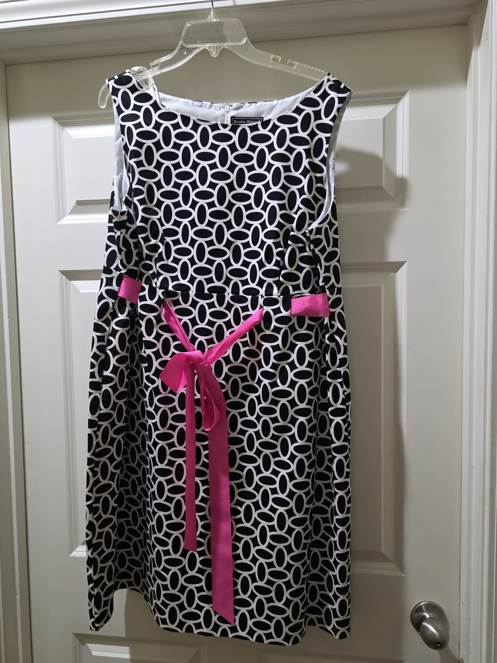 Jessica Howard Black & White Geometric Dress with Pink Sash